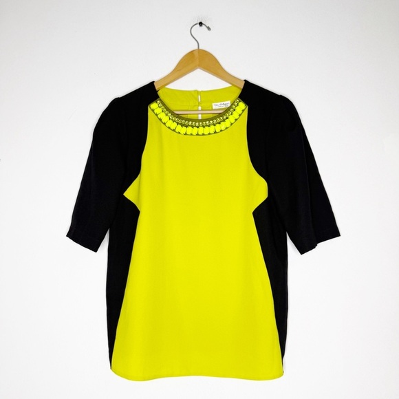 Miss Selfridge Embellished Colorblock Top Size US 8 / UK 12 Neon Yellow & Black - Picture 1 of 7